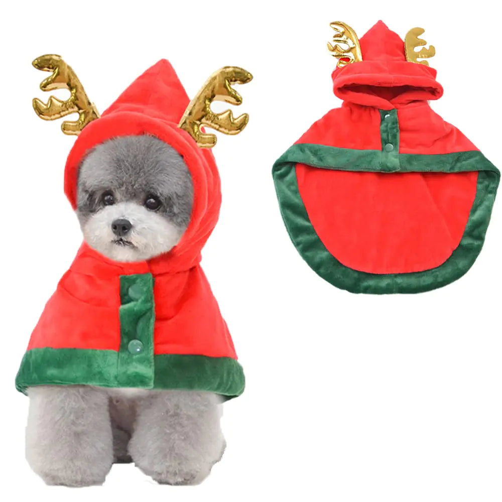 ANIAC Pet Christmas Costume Puppy Xmas Cloak with Antler Cat Santa Cape with Xmas Cap Party Cosplay Dress for Cats and Small Medium Dog (Medium Red)